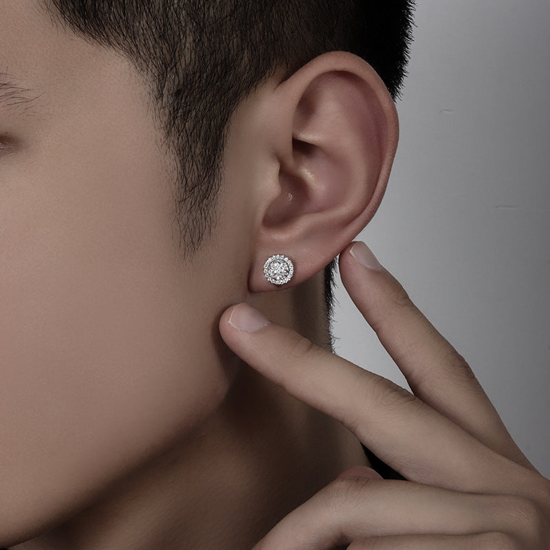 Round Halo 0.5 Carat Moissanite VVS Mens Stud Earring